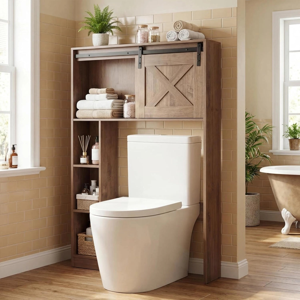 Mobile Salva Spazio Sopra WC, Organizzatore del Bagno in Legno con Porta e 3 Ripiani di Stoccaggio, per Bagno Lavanderia, 84x17x128 cm (Marrone Scuro)