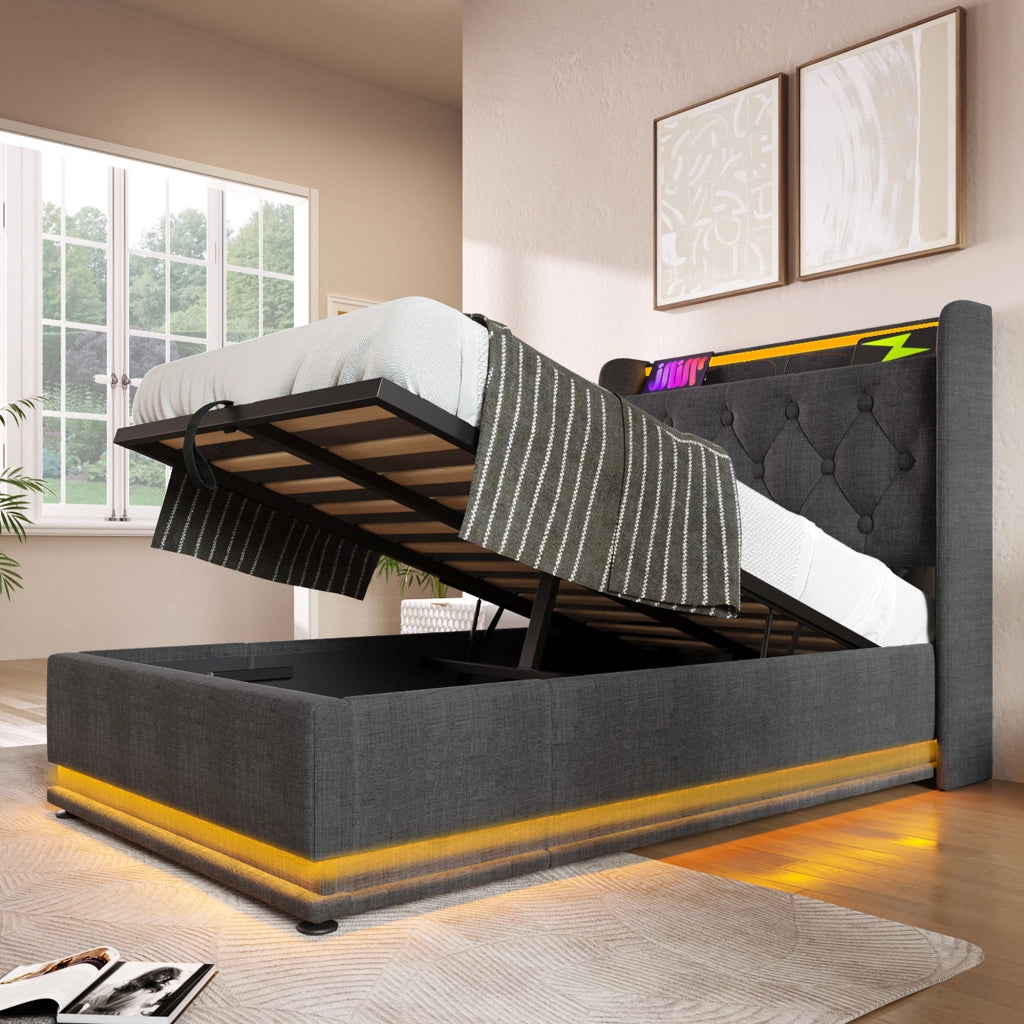 Letti contenitori 90x200 cm; LED 360°; contenitore idraulico; lino grigio (Senza materasso)