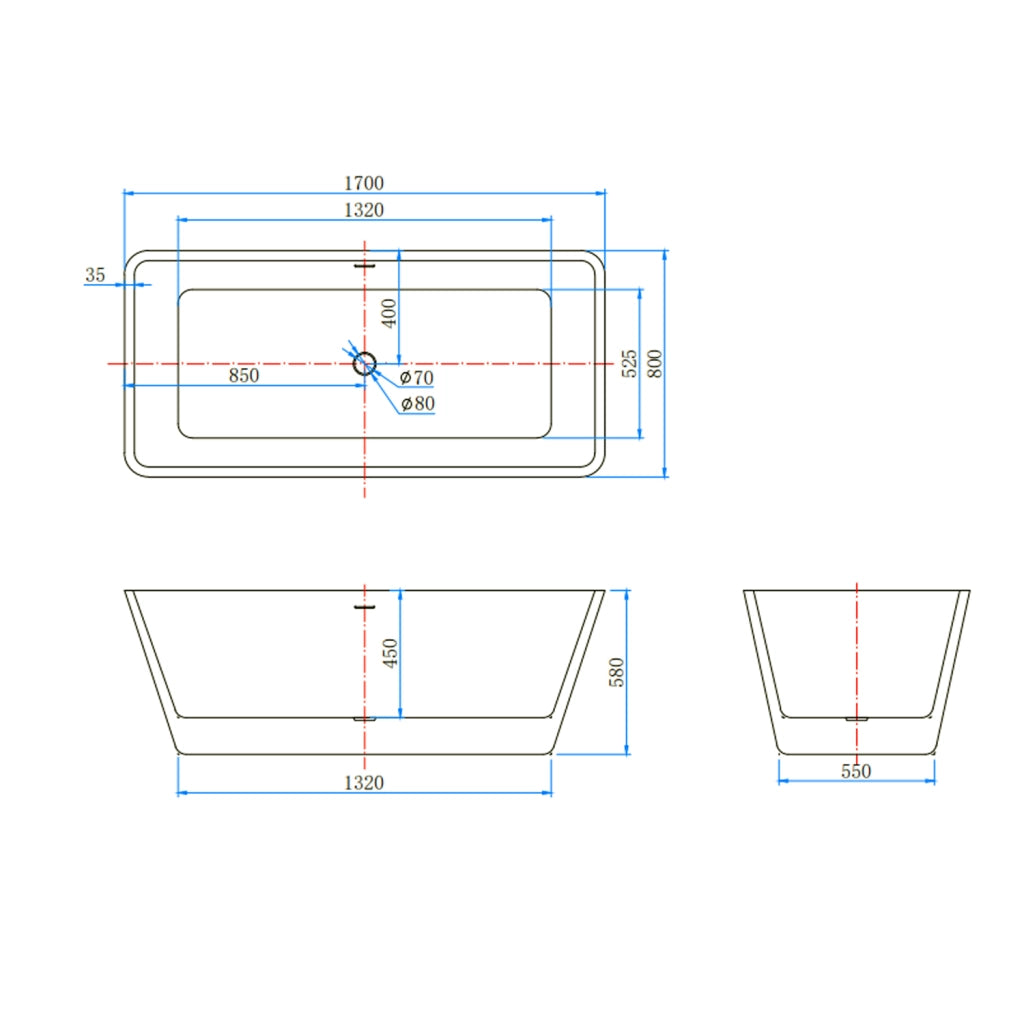Vasca da Bagno a Isola 170x80x58 cm Vasca da Bagno Freestanding in Acrilico Bianco Rettangolare
