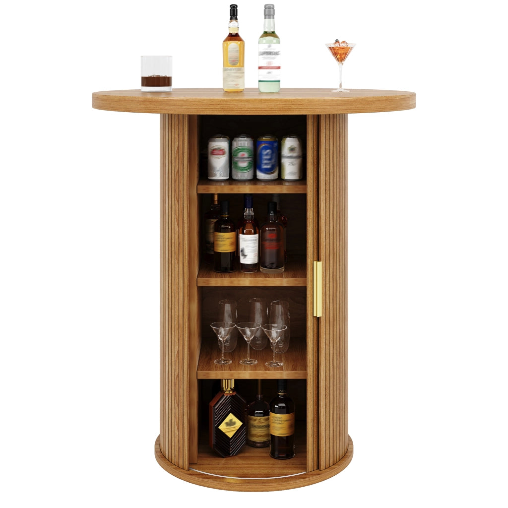 Tavolo da Bar Rotondo con 2 Sgabelli e Vano Contenitore ¨C MINIMAL ¨C Effetto Legno MDF