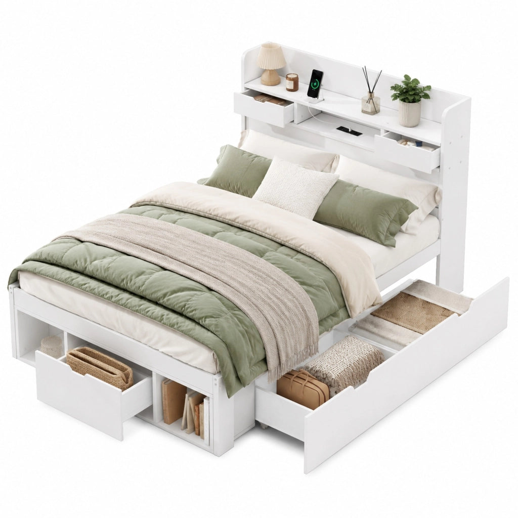 Letto singolo multifunzione 90x190 cm con porta USB e prese; bianco in MDF