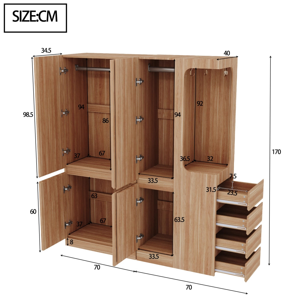Armadio con 3 ante e 4 cassetti, area appendiabiti aperta e 3 vani contenitore, in legno, naturale 140 × 40 × 170 cm