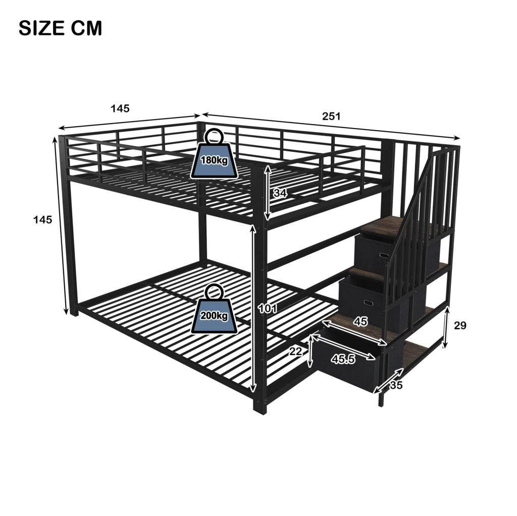 Letto a castello 140x200 cm in metallo e MDF nero con scala contenitore; LED e prese USB