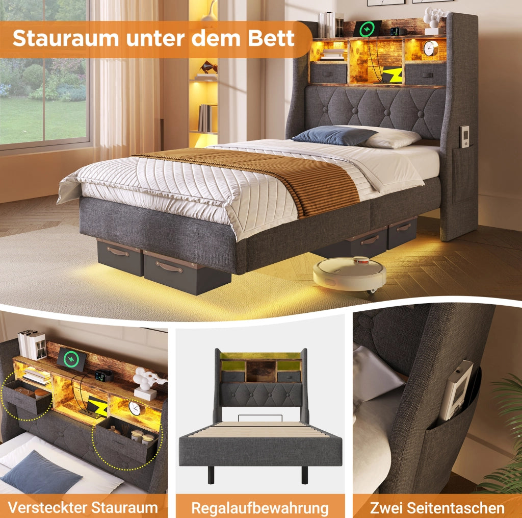 Letto singolo 90x200 cm con LED, ricarica USB-C e materasso
