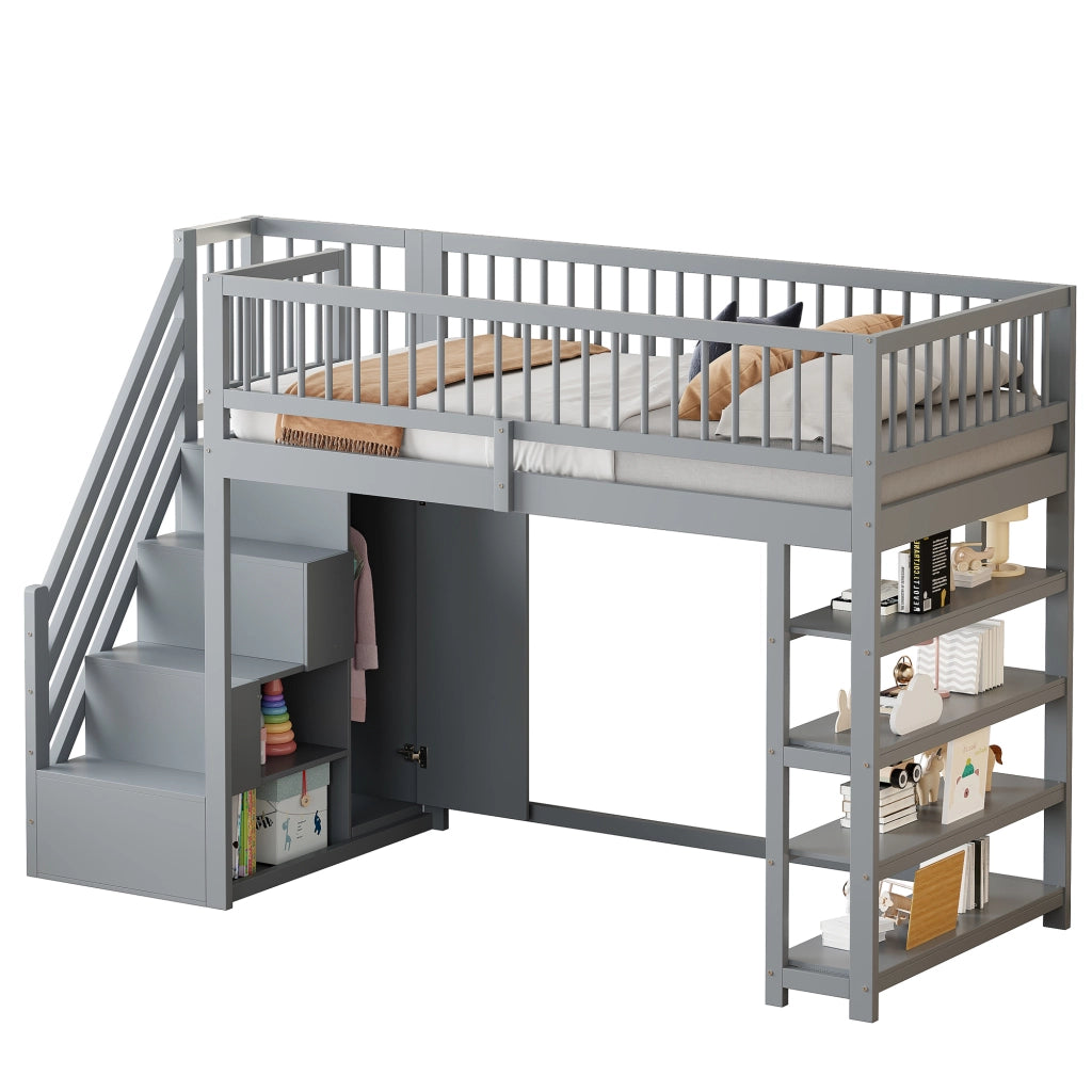 Letto a Soppalco 90 x 200 cm; Singolo con Armadio; Scaffali e Vani Contenitore; senza Materasso; Grigio