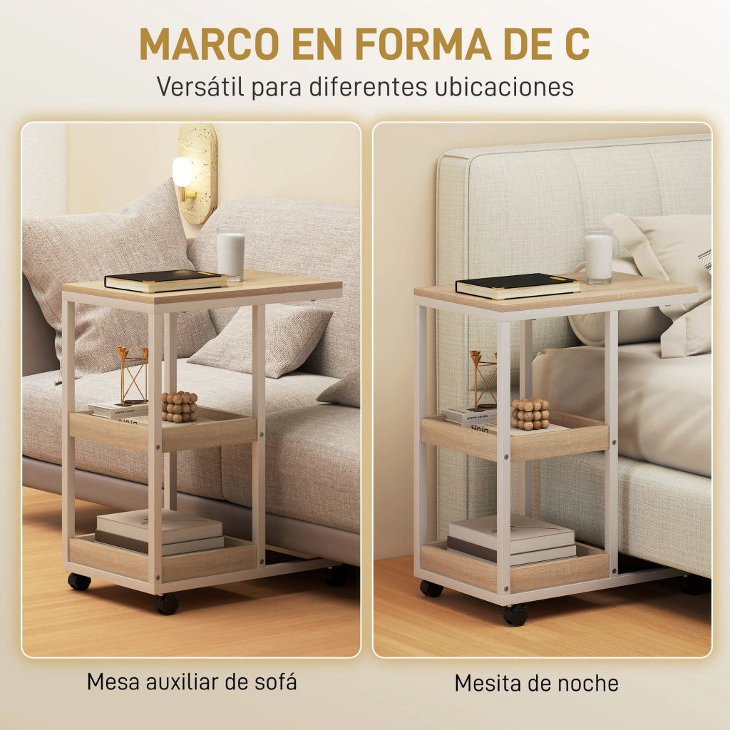 Tavolino con Ruote Forma C ¨C Xylo ¨C Legno Naturale e Bianco con Ripiani Aperti 51x33x66cm