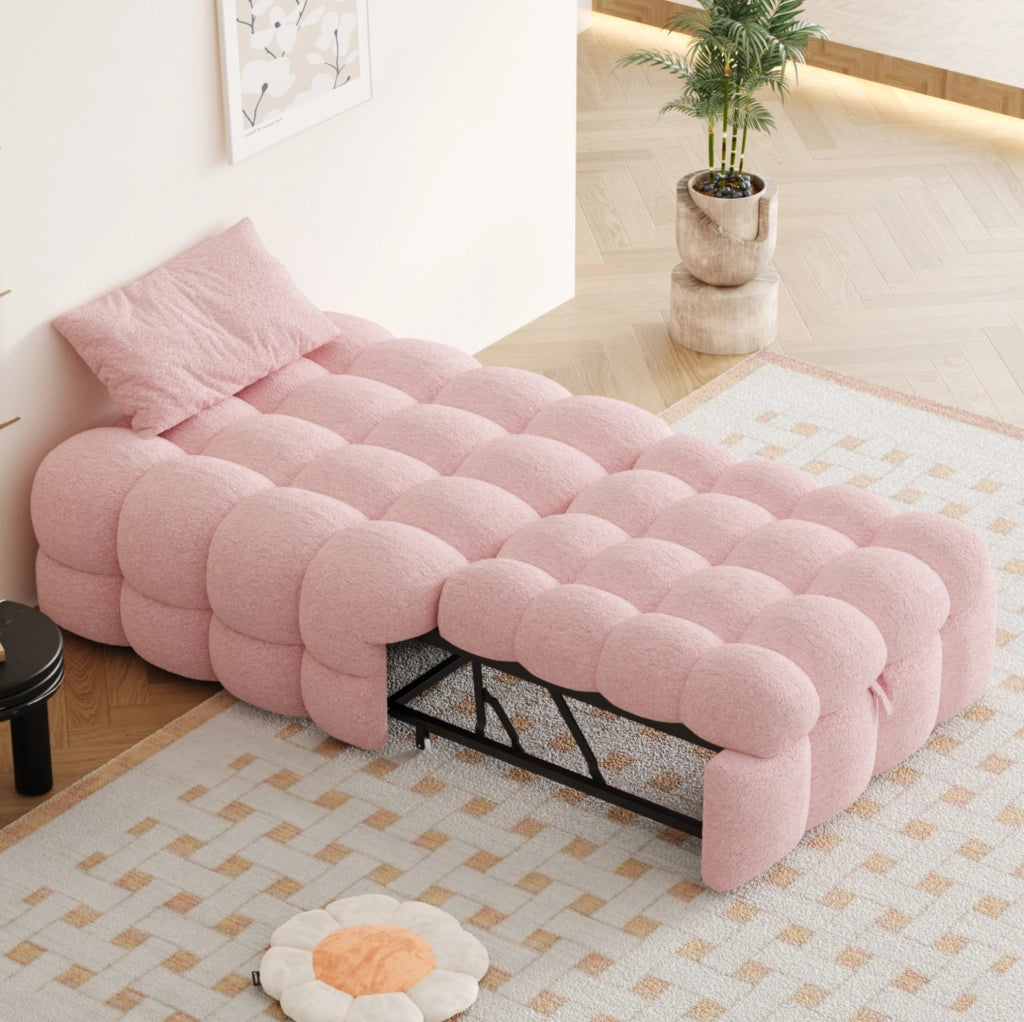 Pouf letto 2 in 1 trasformabile in divano; 183x76 cm; in tessuto Teddy rosa