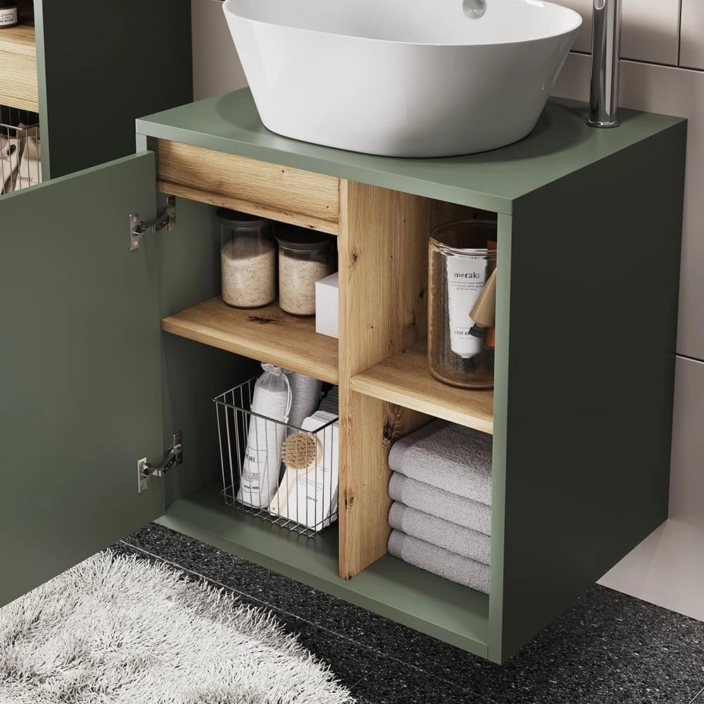 Mobiletto per lavabo Viola, Verde/Artigianale, 60 x 60 cm con ripiani aperti