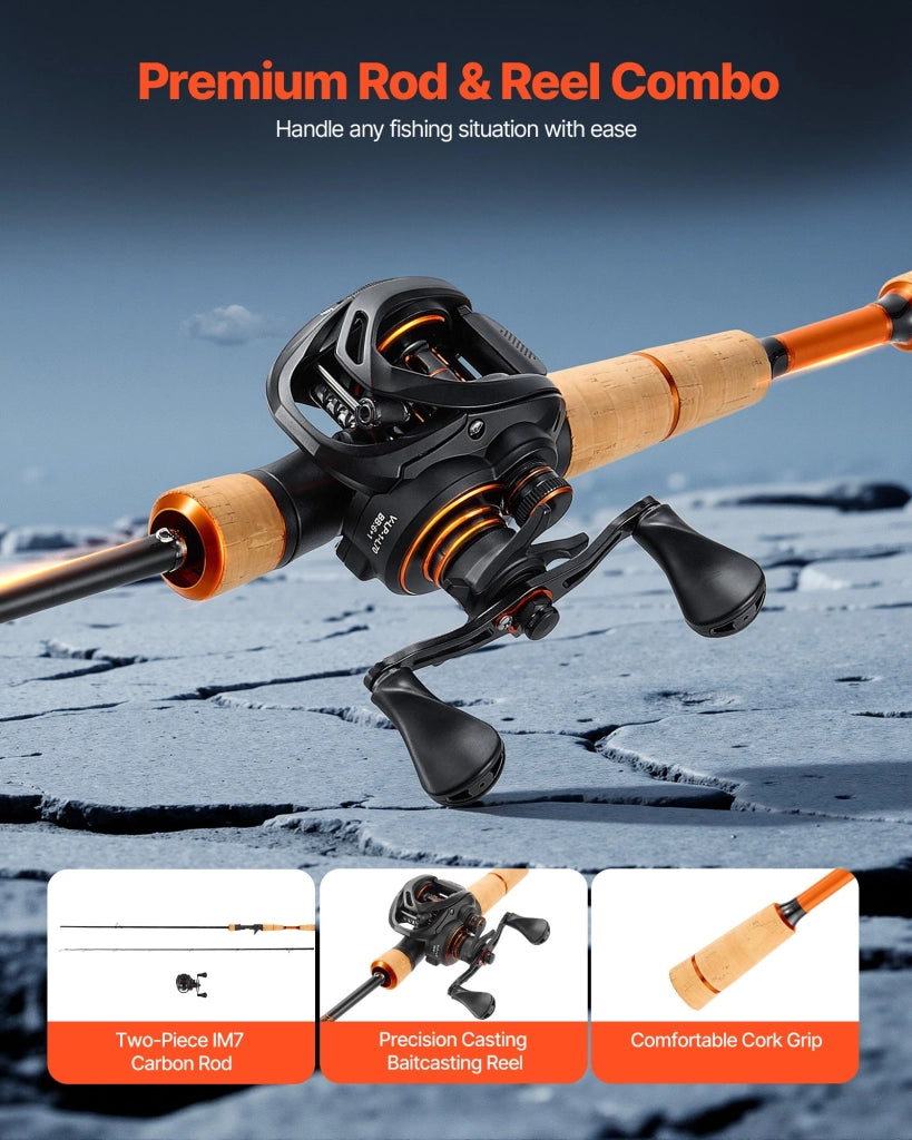 Set Canna da Pesca e Mulinello Baitcasting da 2 m in Fibra di Carbonio IM7 con 6+1 Cuscinetti a Sfera e Impugnatura in Sughero V1-652B-MF-L