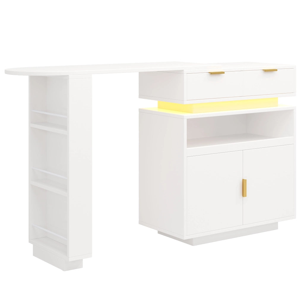 Tavolo bar allungabile con vano contenitore, piano girevole e illuminazione LED, bianco