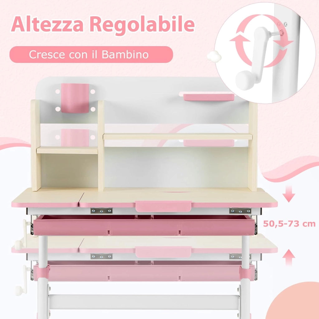 Scrivania per Bambini Regolabile in Altezza da 50 a 73cm, Rosa | Scrivania da Studio con Piano Inclinabile 60°, Scrittoio Cameretta con Scaffale, Cassetto, Portapenne e Righello