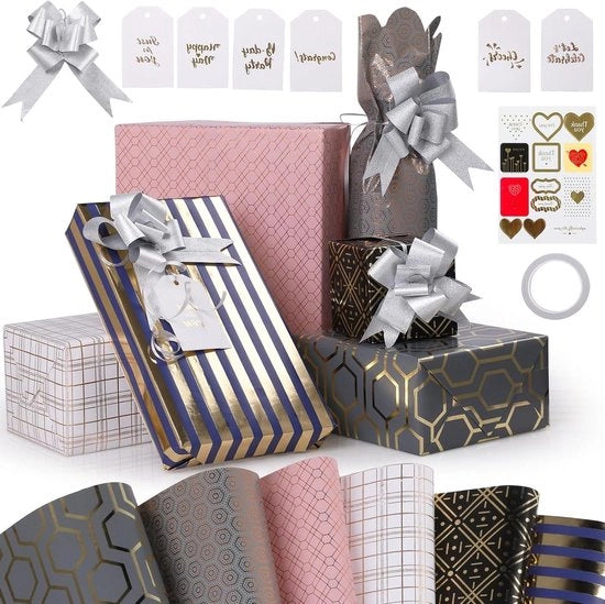 Pacchetto di Carta da Regalo 6 pezzi 75x50cm Carta Kraft Riciclata con Etichetta di Sigillatura + Nastro + Etichette + Fiocchetto con Strisce d'Oro