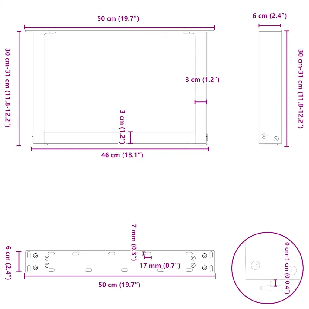 vidaXL Gambe per Tavolino da Caffè a Forma di U 2 pz Bianche 50x(30-31) cm Acciaio