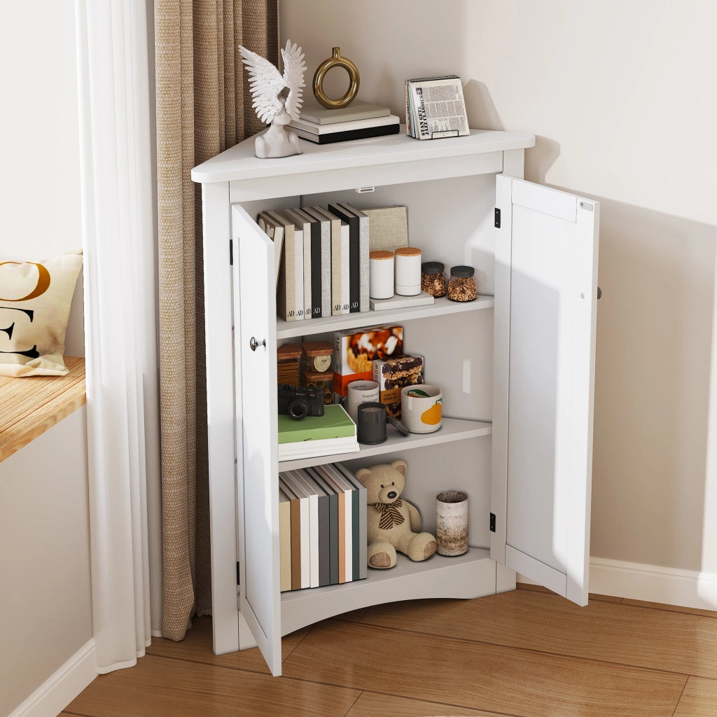 Mobile angolare da bagno con 2 ante e 2 ripiani; per bagno; in MDF; 61.5×80 cm; bianco