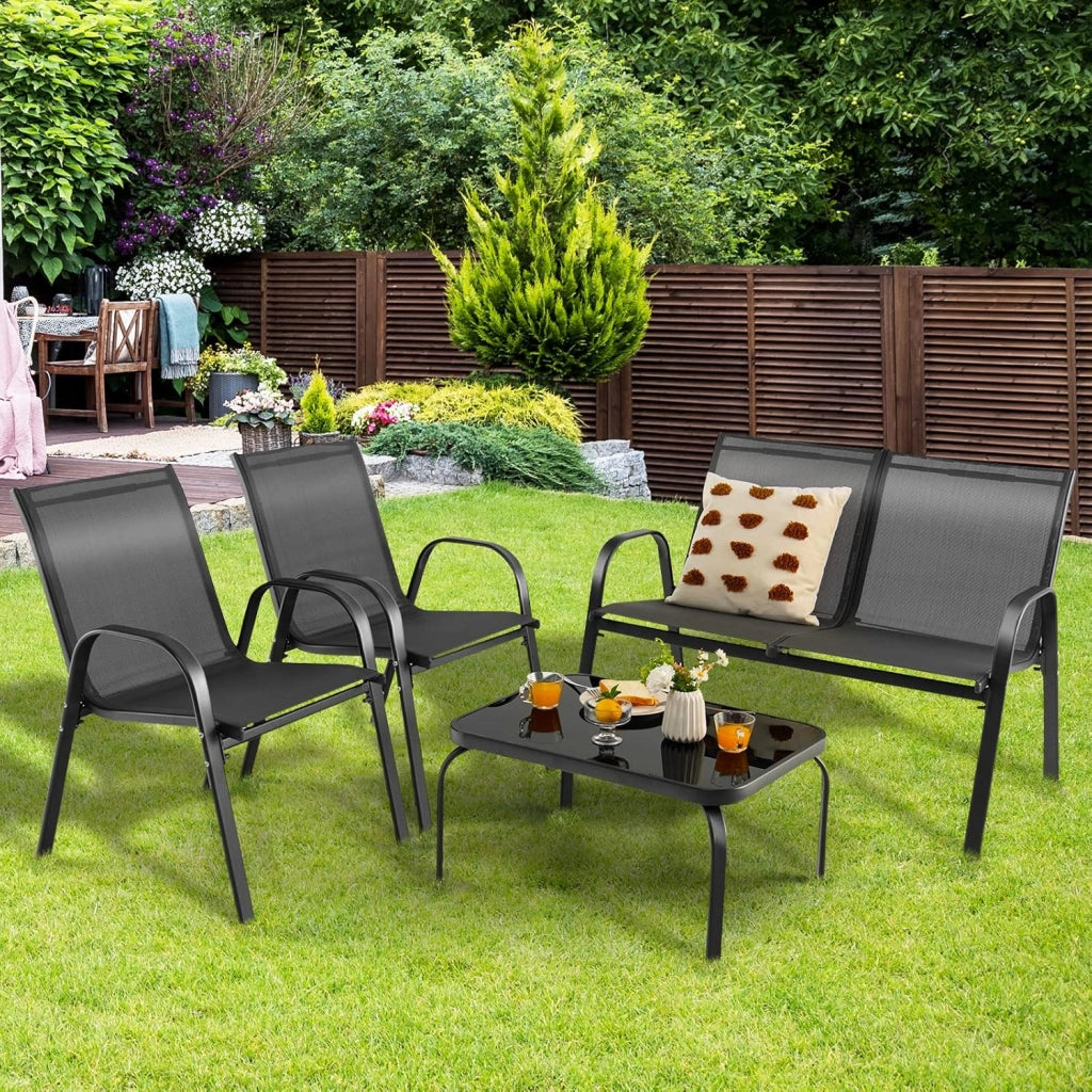Set Mobili da Giardino da 1 Tavolino in Vetro Temperato 2 Poltrone e 1 Divano a 2 Posti, Moderno Set di Mobili da Giardino per Balcone, Cortile, Piscina, Grigio