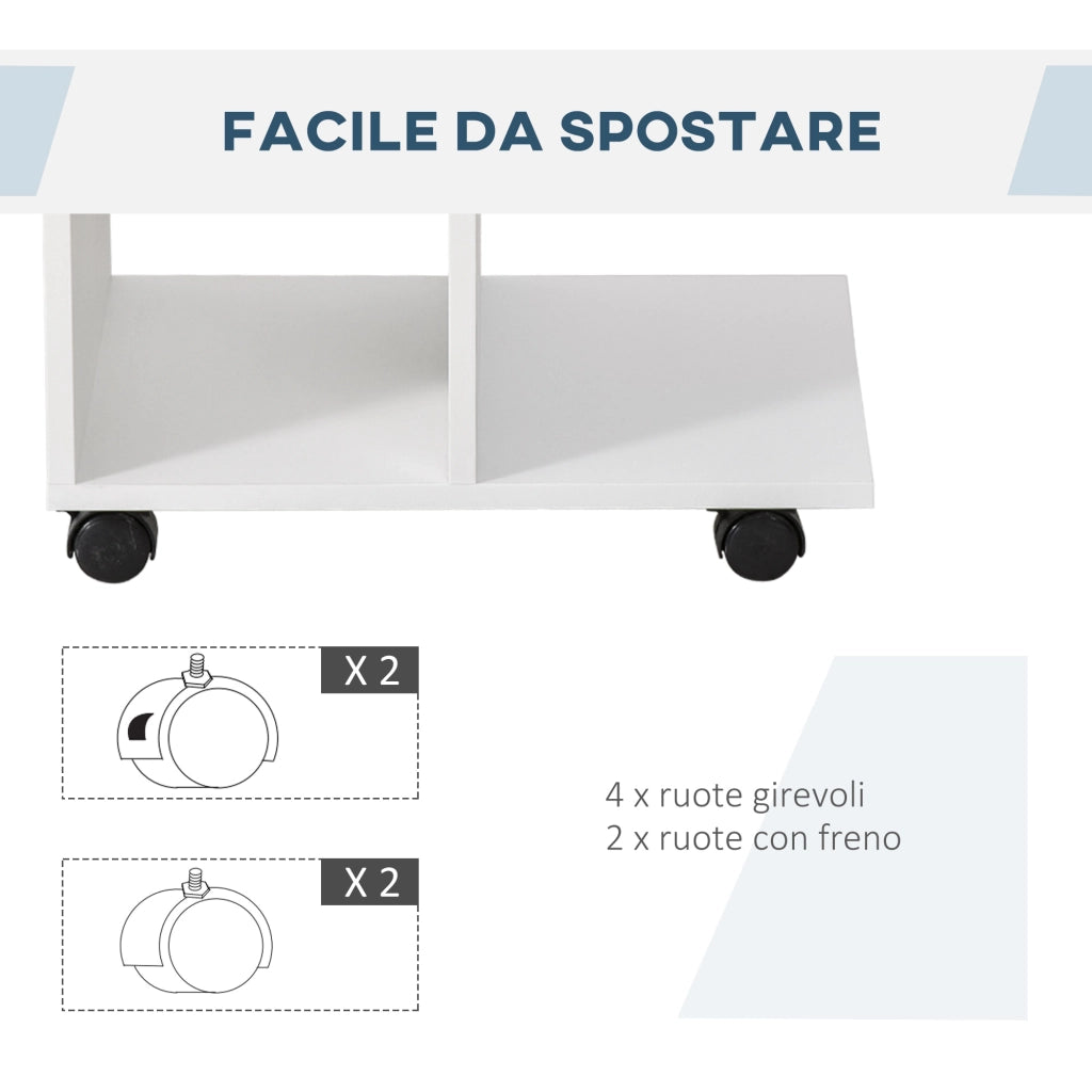 EasyComfort Tavolino da Salotto a C con 2 Ripiani Aperti e 4 Ruote Girevoli, in MDF e PE, 45x35x58 cm, Bianco