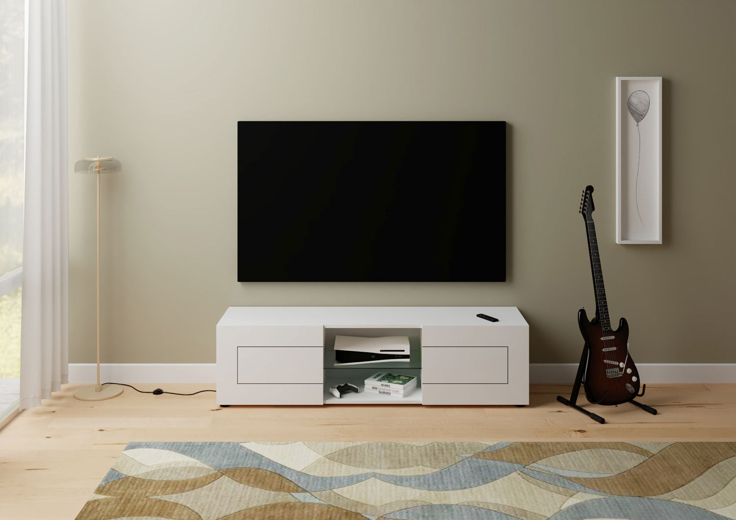 Mobile Tv 2 Ante Con Vano A Giorno 150x40x40 cm Elios Bianco Lucido