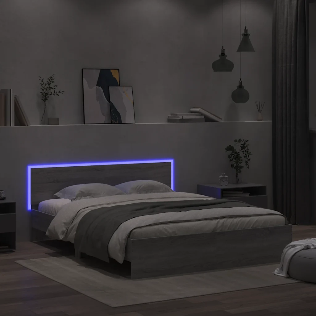 vidaXL Giroletto con Testiera e LED Grigio Sonoma 150x200 cm