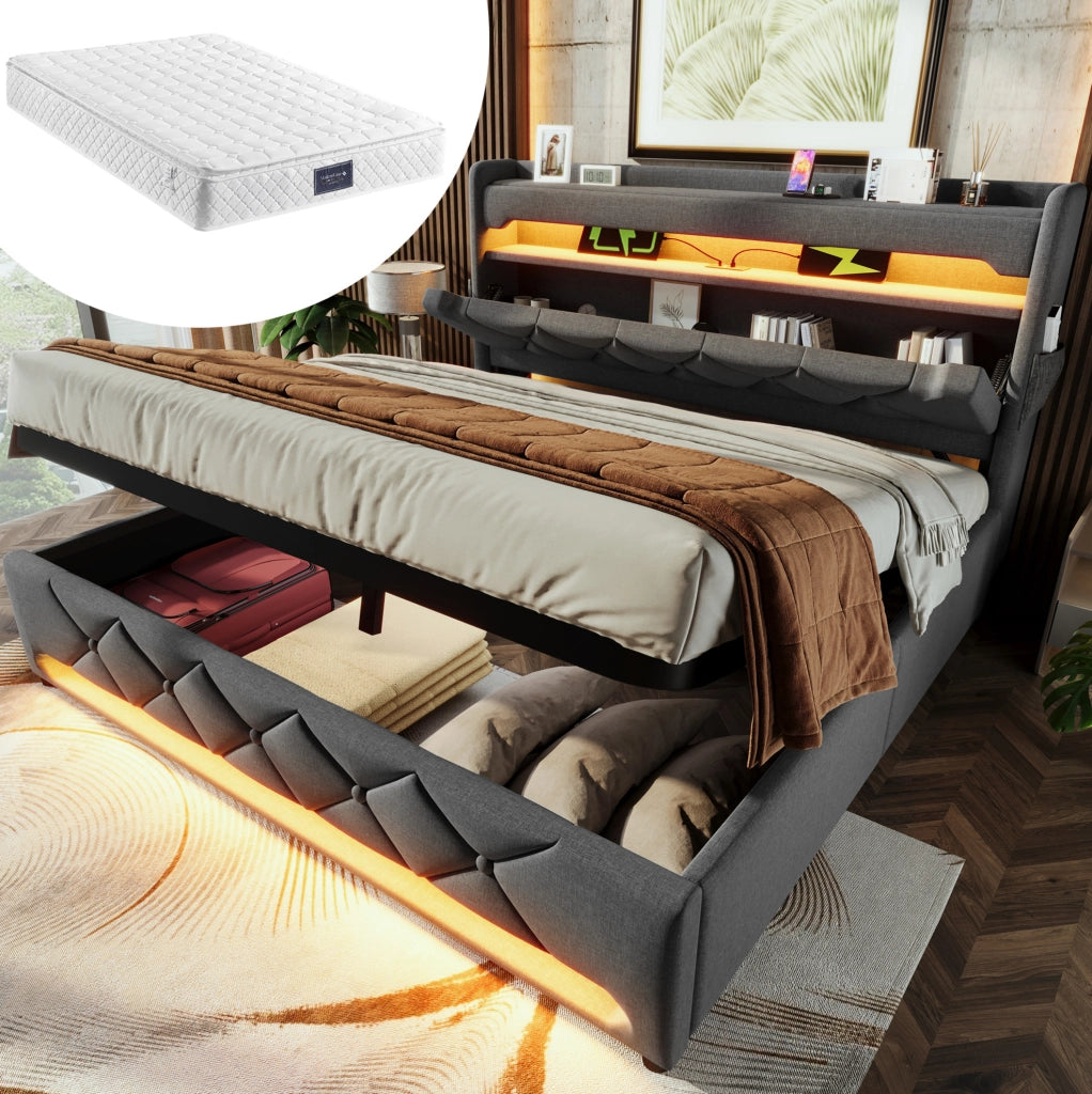 Letto imbottito grigio 160 x 200 cm con materasso, LED e ricarica USB