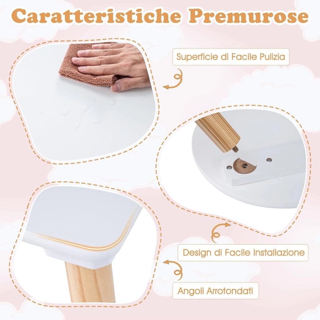 Set Tavolo per Bambini a Forma di Fiore, Tavolino e Sedia in Legno con 2 Sedie e Gambe in Legno di Pino Solido, Tavolino Bambini 3+ Anni per Disegno, Arte e Studio (Bianco)