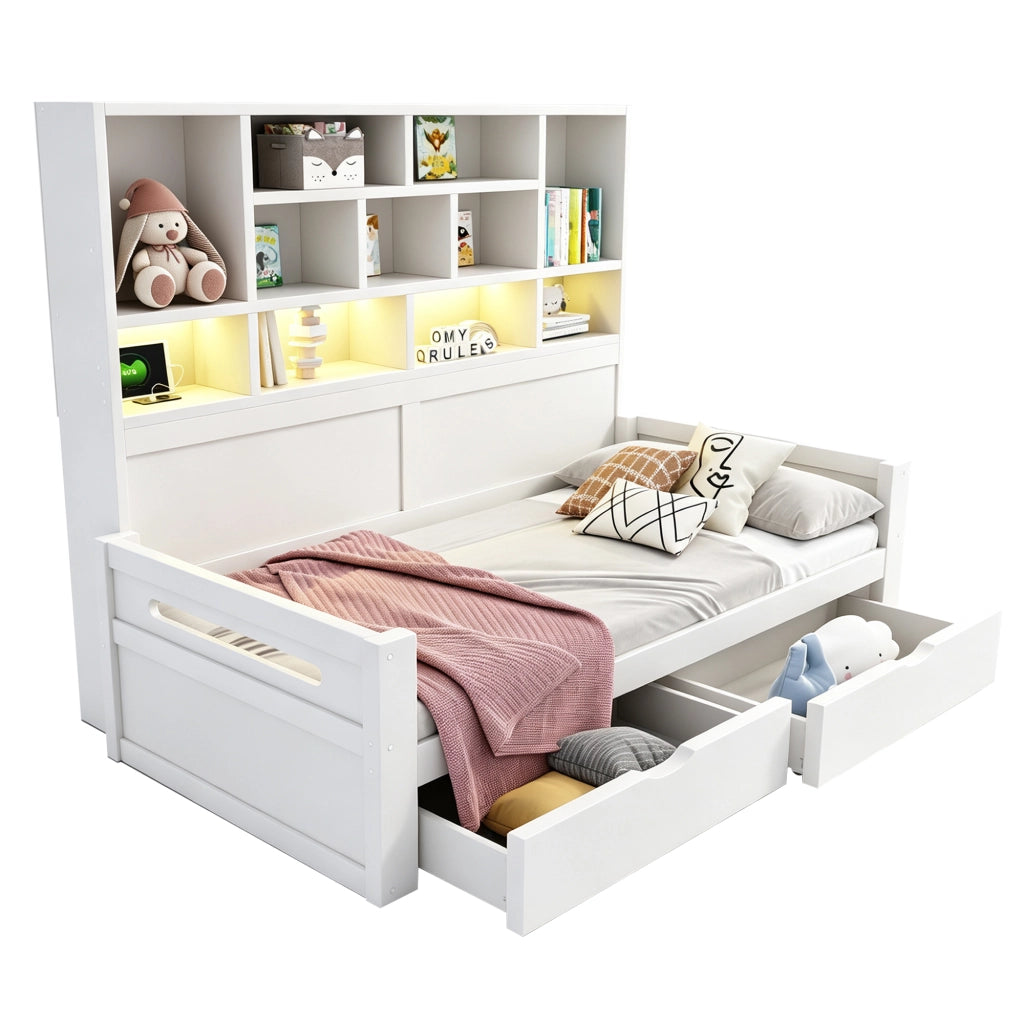 Letto singolo multifunzione 90x200 cm con armadio aperto; cassetti; LED; USB e vani portaoggetti; legno bianco