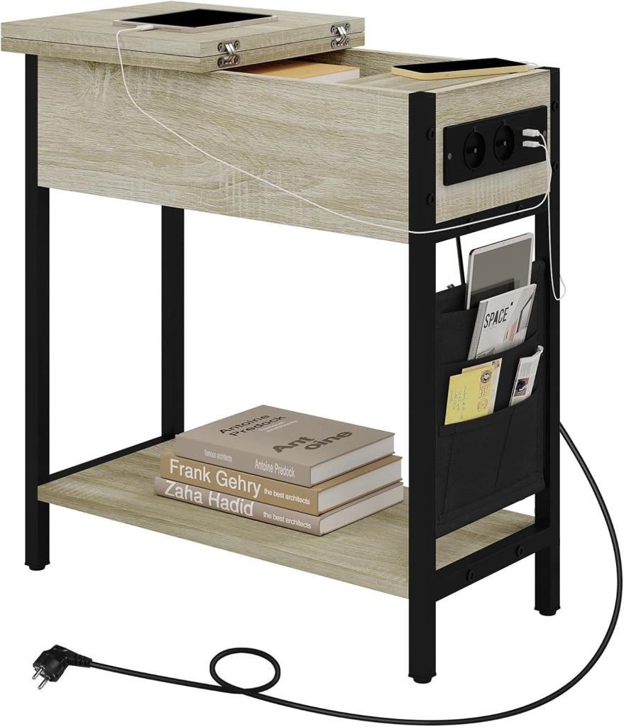 Tavolino da Salotto con Area di Ricarico, Tavolino da Divano Laterale, Comodino con Piano Ribaltabile, Scatola in Tessuto, 2 Prese e 2 Porta USB, Rovere Chiaro