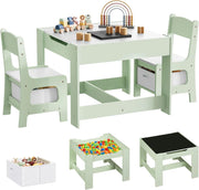 Set da Tavolino e Sedie per Bambini, Tavolo Bambini con 2 Sedie, Lavagna Reversibile, con Scomparto Nascosto e Scatole, per Cameretta, Asilo, Legno, Verde + Bianco
