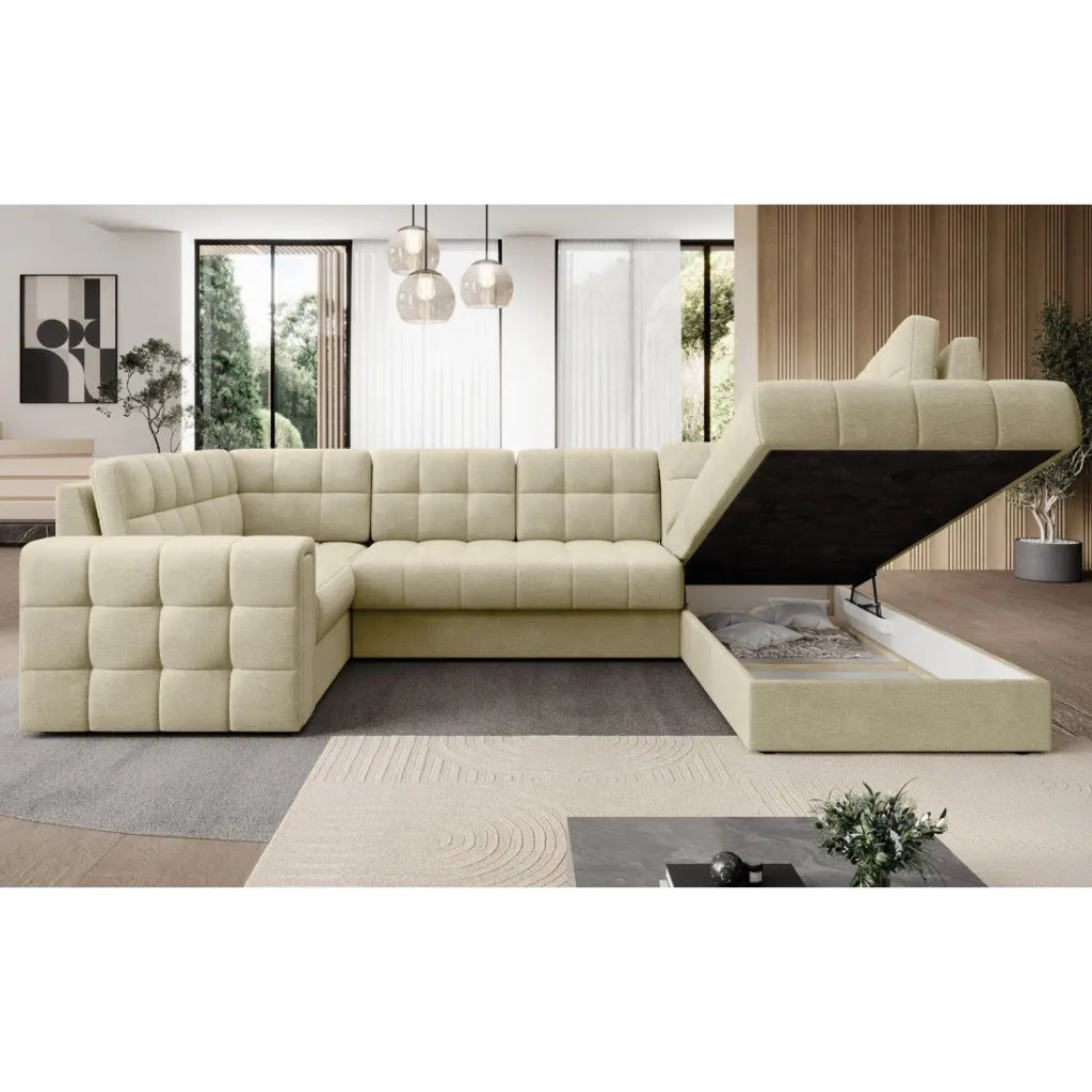Divano ad angolo trasformabile MONTEZA beige 299 cm con contenitore e letto