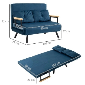 Poltrona letto convertibile con schienale reclinabile a 5 posizioni e braccioli in legno, in velluto e acciaio blu
