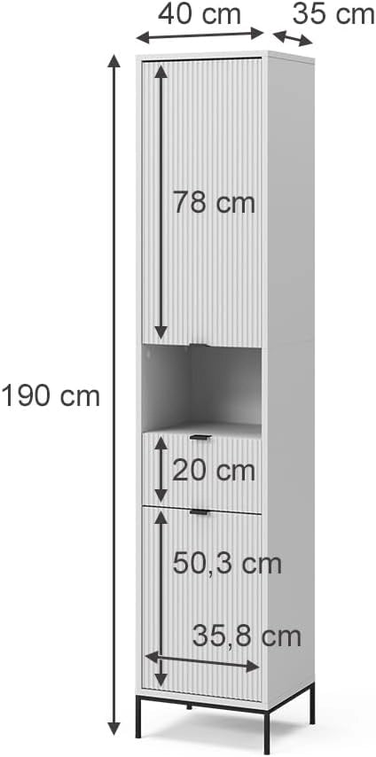 Mobiletto da bagno Eliza, Bianco, 40 x 190 cm con ante e cassetto, per la conservazione di accessori da bagno e combinabile con la serie Eliza