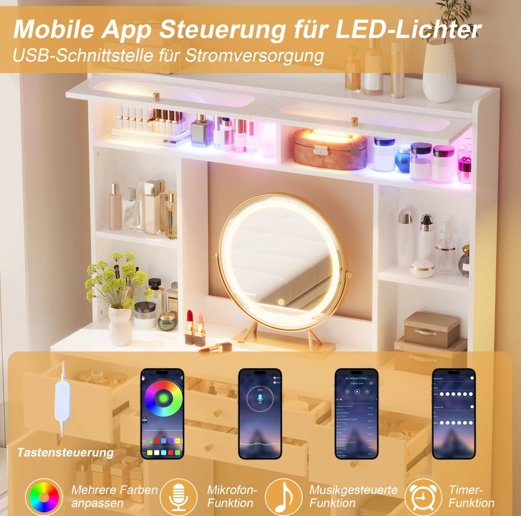 Toeletta con specchio LED e vani portaoggetti, bianca, 120×40×160 cm