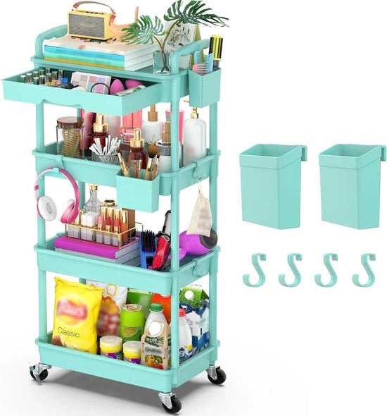 Tavolo da lavoro a 4 livelli con ruote e cassetto per cucina, bagno, ufficio e soggiorno - Blu