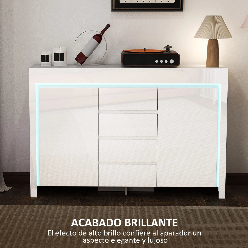 Mobile TV con Luci LED ¨C Xylo ¨C 4 Cassetti Chiusura Soft, Ripiani Regolabili, Telecomando, 120x34x80cm Bianco Lucido