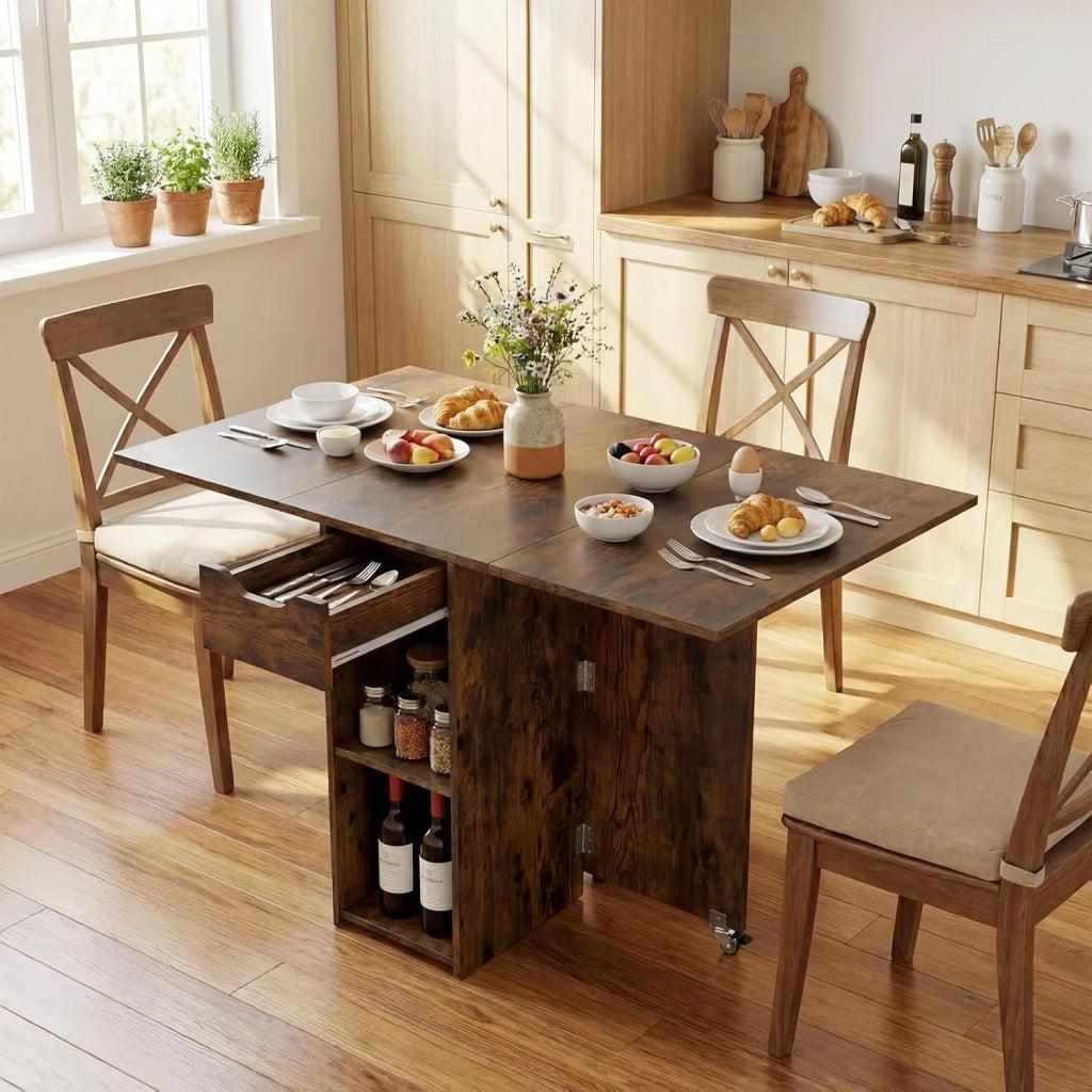 Tavolo da Pranzo Pieghevole, Mobile da Cucina con Ali Pieghevoli, 1 Cassetto e 2 Ripiani Aperti, per 2-4 Persone, Salvaspazio, 120 x 72 x 75 cm, Ideale per Sala e Cucina
