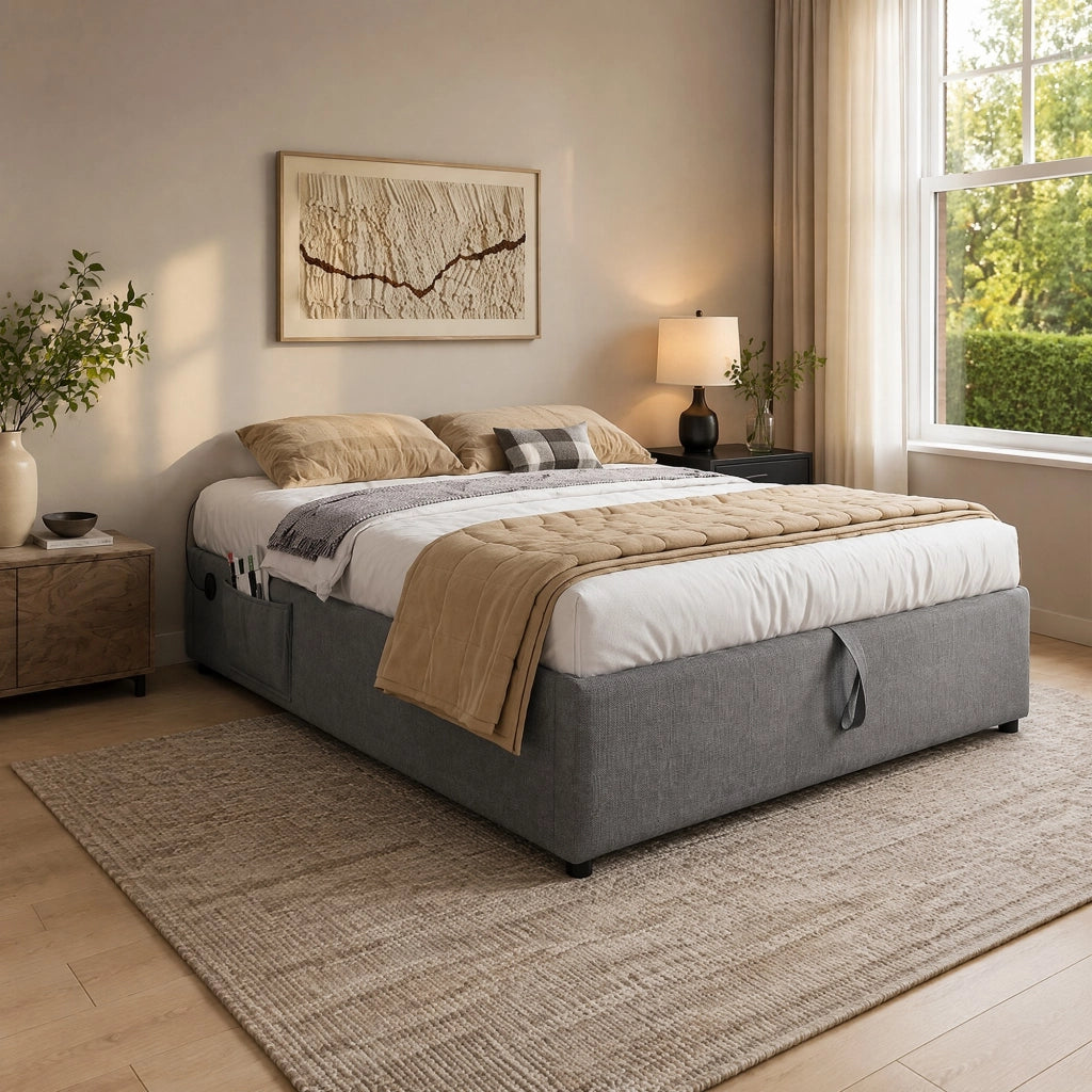 LETTO Contenitore 140x200 cm Grigio in lino con USB e Type-C