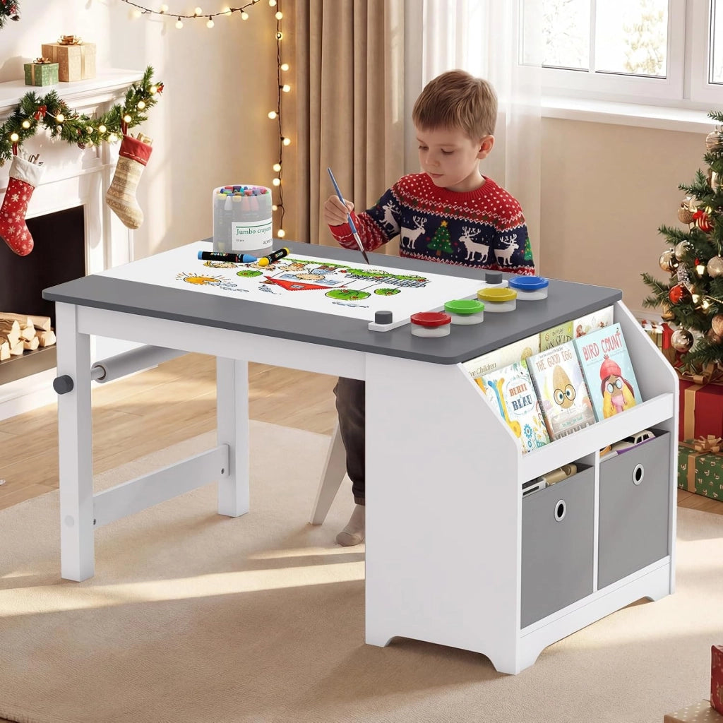 Set Tavolo e Sedia per Bambini 3+ Anni con Rotolo di Carta | Tavolo da Disegno con Sgabello, 4 Vaschette, 3 Scomparti e 2 Cassetti in Tessuto per Cameretta e Sala Giochi