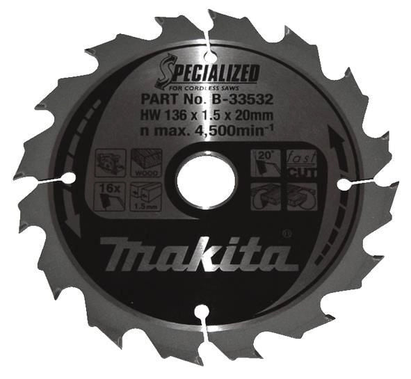 Makita B-33532 Lama circolare per legno 136 mm 16 denti foro 20 mm forma dente ATAF colore Nero