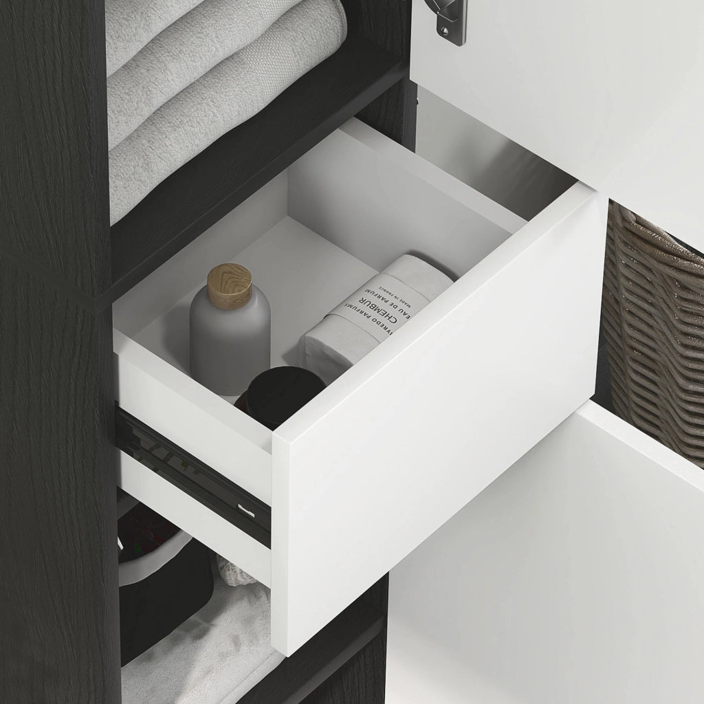 Mobile a Colonna da Bagno Salvaspazio con 2 Armadietti e Cassetto 30x28x180 cm Nero e Bianco