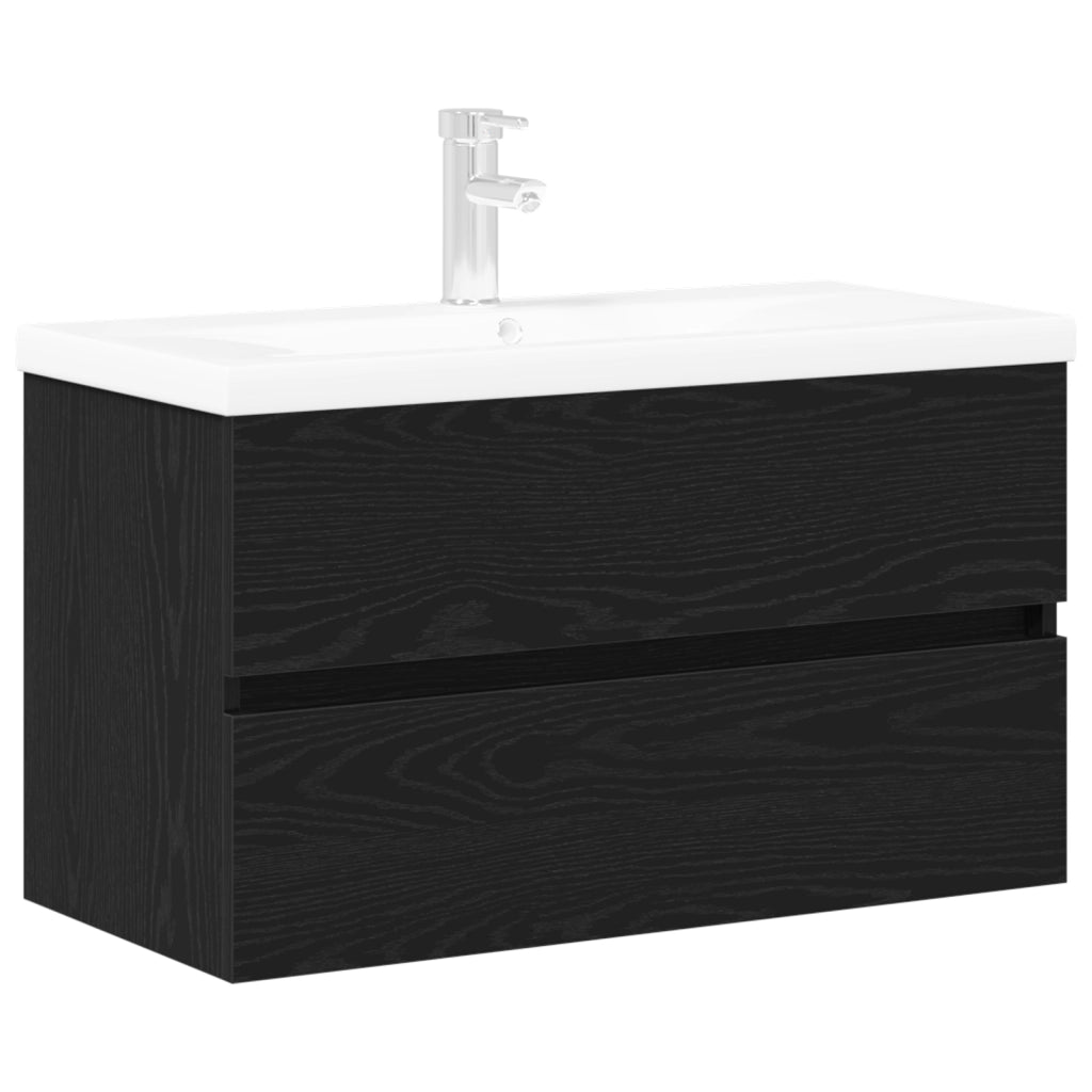 Mobiletto per Lavandino  con Lavabo Integrato Rovere Nero Legno Ingegnerizzato