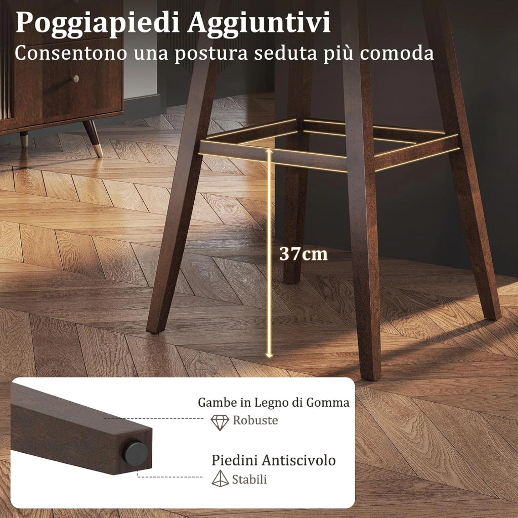 Set di 2 Sgabelli da Bar Girevoli, Sedie Ergonomiche in Tessuto di Lino con Seduta Imbottita, Poggiapiedi e Gambe in Legno di Gomma, Portata 140 kg, per Isola Cucina, Soggiorno e Pub