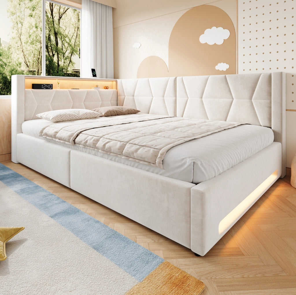 Letto imbottito 140x200 cm in velluto beige con contenitore, LED, USB e Type-C