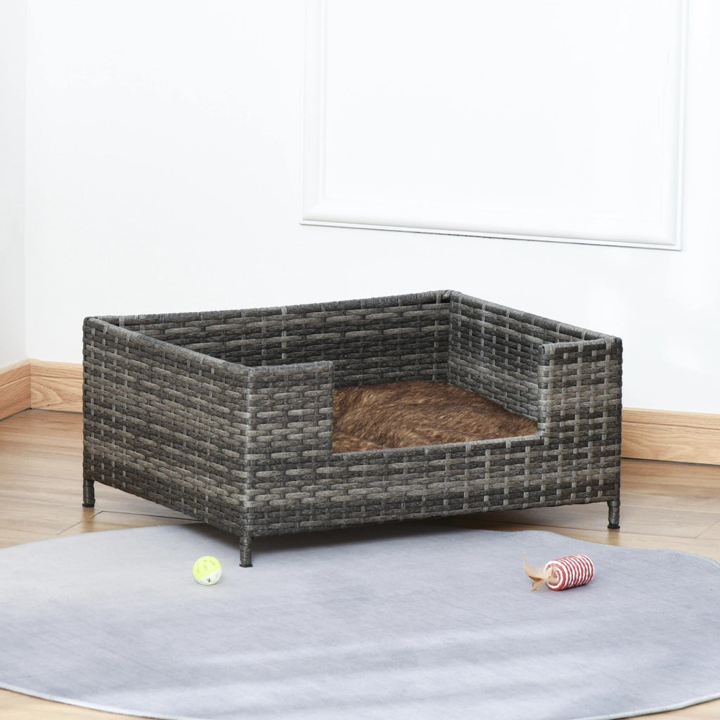 Easycomfort Cuccia per Cani e Gatti in Rattan con Cuscino Lavabile, Lettino per Animali da Interno, 61x46x27cm, Grigio Bianco