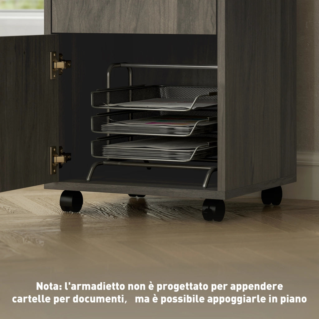 Cassettiera Portadocumenti a 4 Ruote con Ripiano Aperto e Cassetti, in Legno e Metallo, 40x35x60 cm, Grigio