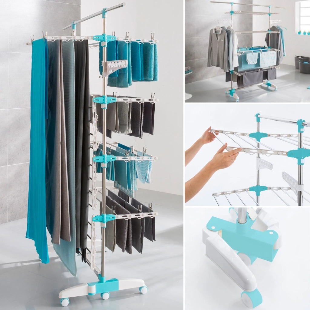 IDMarket - Stendibiancheria bianco/blu regolabile a 4 livelli XXL + barra telescopica