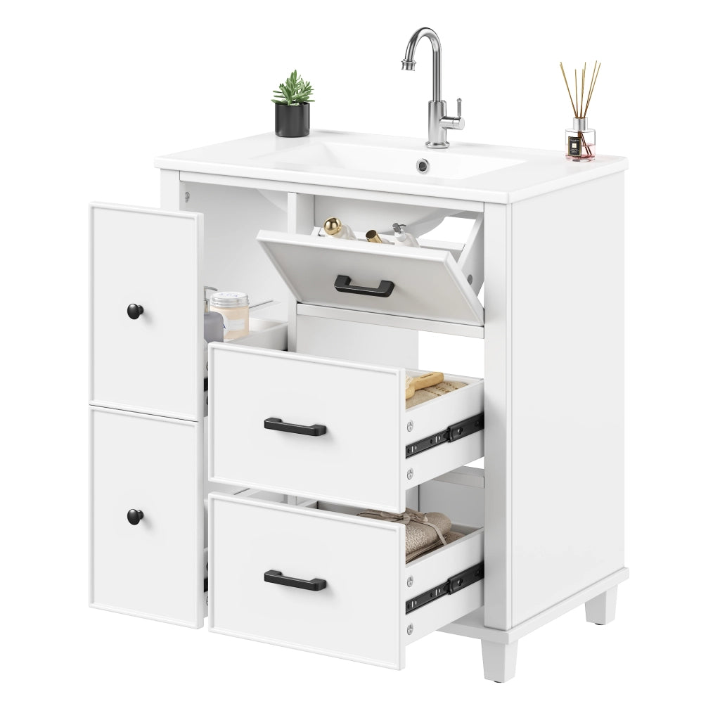 Mobile lavabo freestanding in MDF e ceramica, bianco, 76,5 x 47 x 83,5 cm, con 4 cassetti e cassetto ribaltabile