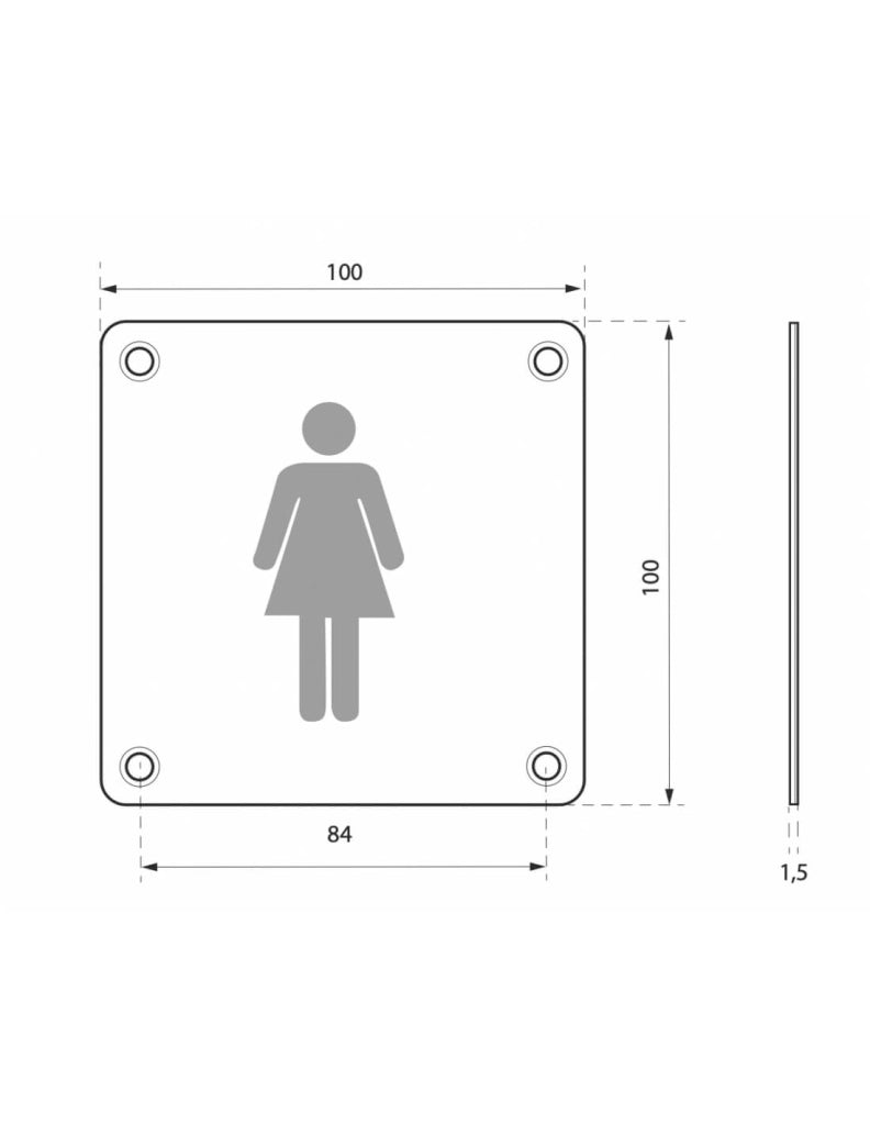 Targa segnaletica WC donna 100 x 100 mm, fissaggio a vite – THIRARD