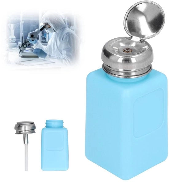 Dispensatore di liquido antistatico ESD - Dispensatore di liquido antistatico a pressione - Coperchio in acciaio inossidabile - Bottiglia in HDPE - Capacità 200 ml - Adatto per solventi come acetone e olio