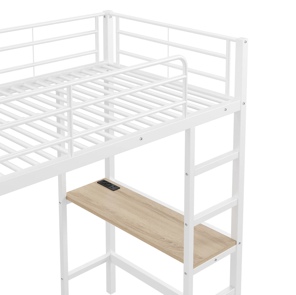 Letto a castello 90x200 cm con scrivania e ripiani; metallo bianco (Senza materasso)