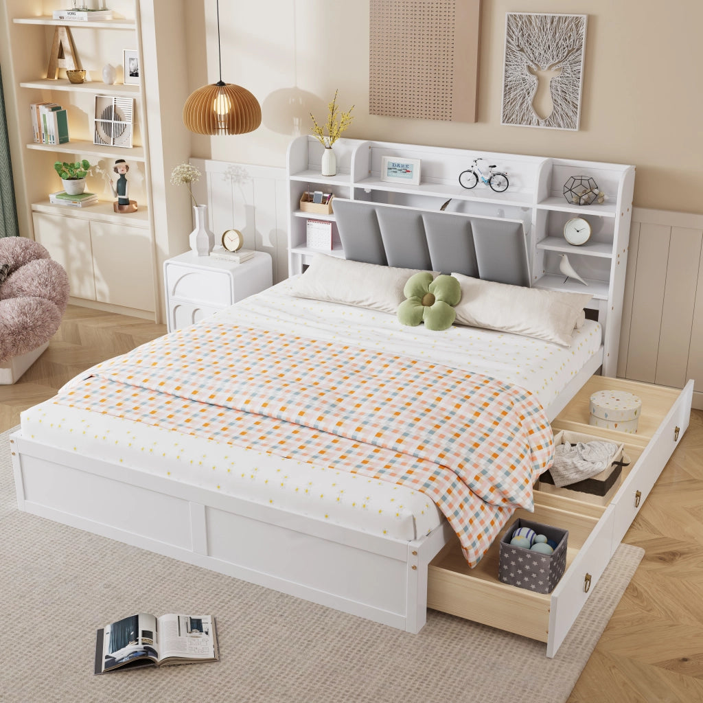 Letto matrimoniale 160 × 200 cm con 3 cassetti, ripiani aperti e vano con anta, senza materasso, bianco e grigio