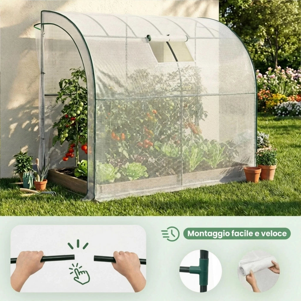 Serra da giardino addossata con struttura in metallo e telo in PE 1 porta 1 finestra Bianco 100x200x210 cm